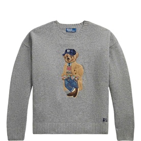 Ralph Lauren grey combo crew neck knit jumper with Polo Bear graphic wearing NY cap and denim jeans, RL logo on cuff