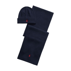 Ralph Lauren Hunter Navy knitted beanie hat and scarf gift set with red embroidered pony logo