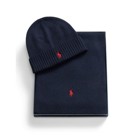 Ralph Lauren Hunter Navy knitted beanie and scarf gift set with red embroidered polo pony logo, presented in navy gift box