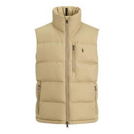 Ralph Lauren desert khaki quilted down gilet with high funnel neck, zip front, side zip pockets and embroidered pony logo