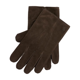 Dark brown suede gloves with smooth finish, five-finger design and mid-length cuff, displayed flat on white background