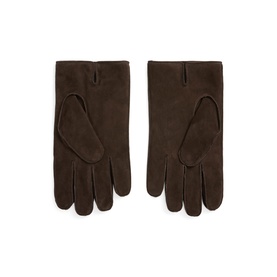 Dark brown suede gloves with contrast palm panel and single vent detail, laid flat in a pair
