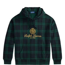 Ralph Lauren Blackwatch Plaid hoodie with gold embroidered crest and script logo, kangaroo pocket, drawstring hood