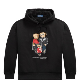 Ralph Lauren Polo Bear Hoodie in black with three Polo Bear graphic print on chest, long sleeves, and drawstring hood