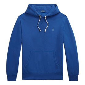 Ralph Lauren blue yacht hoodie with kangaroo pocket, white drawstring, and embroidered pony logo on chest
