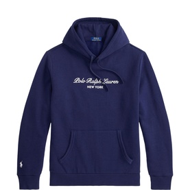 Ralph Lauren Newport Navy hoodie with script New York logo print and kangaroo pocket, long sleeves and drawstring hood