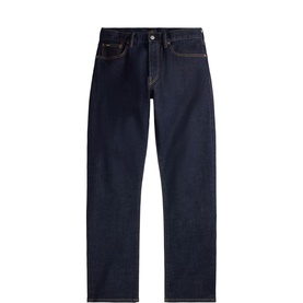 Ralph Lauren men's jeans in Macdougal dark indigo wash, straight leg, five-pocket style, flat lay view