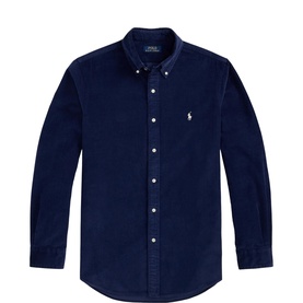 Polo Ralph Lauren navy corduroy shirt with button-down collar, long sleeves, and embroidered Polo Pony logo on chest