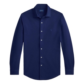 Polo Ralph Lauren navy blue long-sleeve shirt with button-front placket, spread collar, and embroidered pony logo at chest