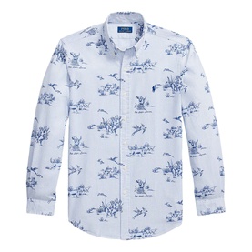 Ralph Lauren Reg Shirt in Field and Pheasant Scenic print, white and blue long-sleeve button-down with all-over countryside motif