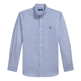 Ralph Lauren Polo Player Logo Striped Shirt in blue and white stripes, button-down collar, long sleeves, embroidered Pony at chest