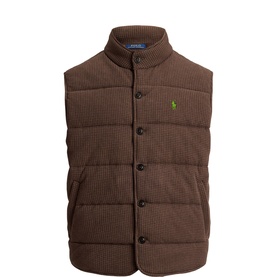 Ralph Lauren quilted gilet in nutmeg brown heathr dogtooth, button-front fastening, funnel neck, embroidered pony logo