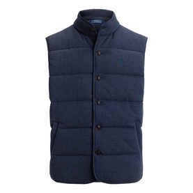 Ralph Lauren navy dogtooth quilted gilet with button front, funnel neck, and embroidered pony logo