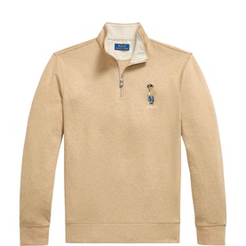 Ralph Lauren Heritage Bear sweatshirt in trophy cream, quarter-zip with embroidered Polo Bear motif and ribbed cuffs