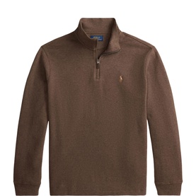Ralph Lauren Nutmeg Brown Heather quarter-zip sweatshirt with ribbed collar and embroidered Polo pony logo