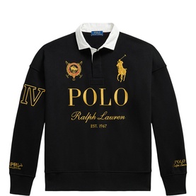 Ralph Lauren Polo Black sweatshirt with white collar, gold embroidered logo, Polo branding and Roman numeral IV sleeve detail