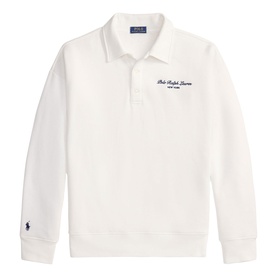 Ralph Lauren white sweatshirt with polo collar, three-button placket, navy script logo on chest and embroidered pony logo on sleeve