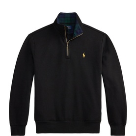 Ralph Lauren Polo Black quarter-zip sweatshirt with tartan collar lining and embroidered yellow pony logo