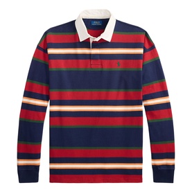 Ralph Lauren navy multi-stripe long-sleeve rugby shirt with white collar and embroidered pony logo