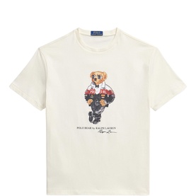 Ralph Lauren Clubhouse Cream T-shirt with Polo Bear graphic print in varsity jacket design, crew neck, short sleeves