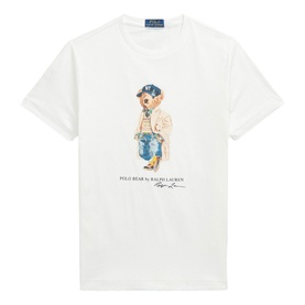 Ralph Lauren white cotton T-shirt with Polo Bear graphic print wearing blazer and jeans, crew neck, short sleeves