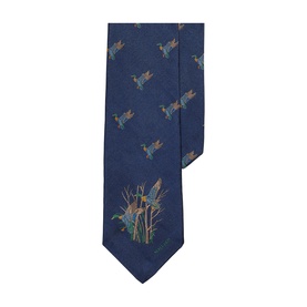 Ralph Lauren navy silk tie with embroidered duck and reed motif pattern