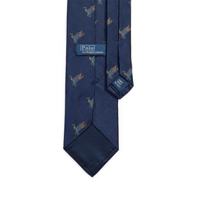 Ralph Lauren navy silk tie with woven pheasant motif pattern, shown flat with brand label visible