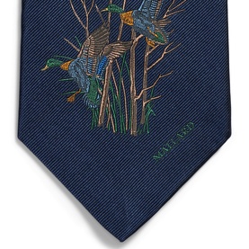 Ralph Lauren navy silk tie with mallard duck and reed print in green, teal and gold tones