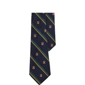 Ralph Lauren navy tie with green and yellow diagonal stripes and repeat crest emblem pattern
