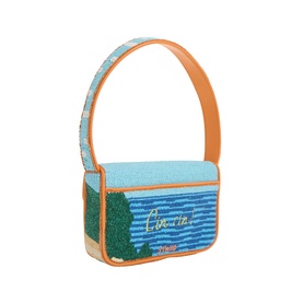Staud Sunset Spritz beaded shoulder bag with orange faux leather trim, scenic green and blue beaded design with cursive script detail