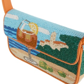 Staud Sunset Spritz beaded shoulder bag, orange faux leather trim, cocktail beach scene motif in blue and green beadwork