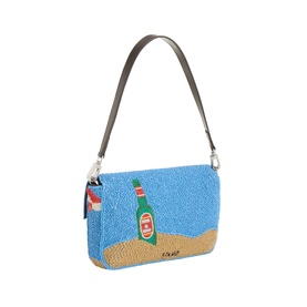 Staud Timmy Sundaze Beaded Shoulder Bag in blue with beer bottle beaded motif, sand base design, silver-tone hardware, grey detachable strap