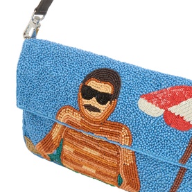 Staud Timmy Sundaze Beaded Shoulder Bag in blue with beaded figure and umbrella motif, silver-tone hardware, and detachable strap