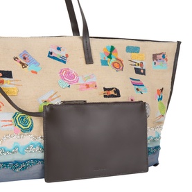 Staud Beach Day Tote in beige jute with beach scene embroidery, dark brown leather trim, shown with matching grey leather pouch clutch