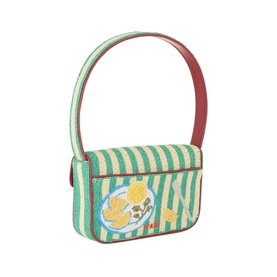 Staud Summer Lobster shoulder bag in green stripe raffia with yellow floral beaded motif, single top handle, and pink faux leather trim.