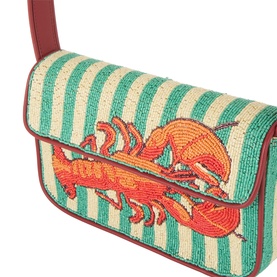 Staud Summer Lobster beaded shoulder bag, green stripe design with lobster motif, red faux leather trim and single strap