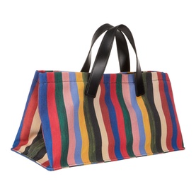 Staud Port Stripe Tote Bag in Artist Stripe multicolour canvas with black leather top handles, boxy silhouette and magnetic fastening