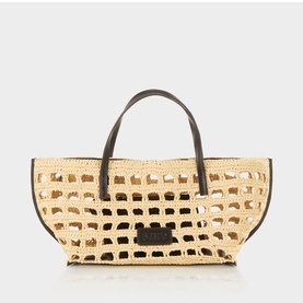Staud Raffia Crochet Tote in natural woven raffia with open lattice weave, dark brown leather handles and base trim