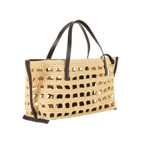 Staud raffia crochet tote bag with open weave design, dark brown leather handles and crossbody strap