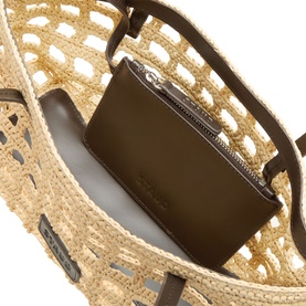 Staud raffia crochet tote bag, open-top view showing dark brown leather interior zip pouch and woven lattice body