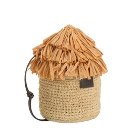 Staud beige raffia tote bag with fringed thatched-hut lid and black leather drawstring tie, structured bucket silhouette