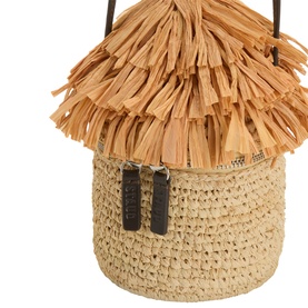Staud beige raffia tote bag with layered fringe top detail and dark brown leather strap and zip pulls