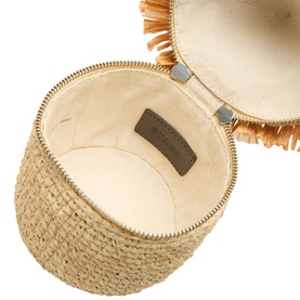 Staud beige raffia tote bag open showing cream fabric interior, gold zip closure and branded leather patch