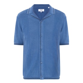 Wax London Ivy Washed Shirt in blue, camp collar, short sleeves, front button fastening, textured stripe detailing, washed finish