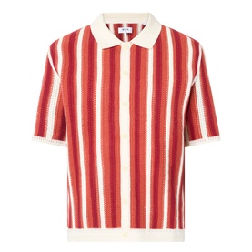 Wax London Porto Striped Cardigan in ecru and orange, short-sleeve knit with polo collar and vertical stripe pattern