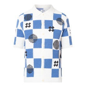 Wax London Porto Printed Cardigan in ecru and blue checkerboard pattern with geometric motifs, polo collar, short sleeves, button front