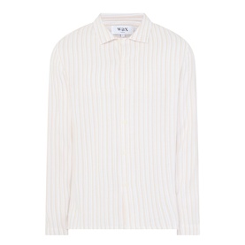 Wax London Corey Striped Shirt in natural, long-sleeve cotton with pointed collar, subtle stripe pattern and button fastenings
