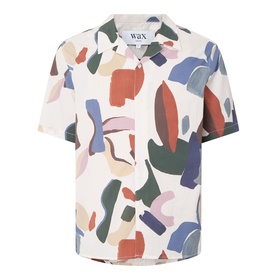 Wax London Didcot Abstract Print Shirt in ecru and multi, camp collar, short sleeves, front button fastening, all-over colourful abstract print