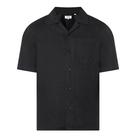 Wax London Didcot Linen Bowling Shirt in black with notched collar, short sleeves, chest pocket, and button fastenings
