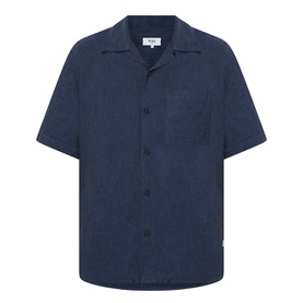 Wax London navy linen casual shirt with camp collar, short sleeves, button front, and chest patch pocket